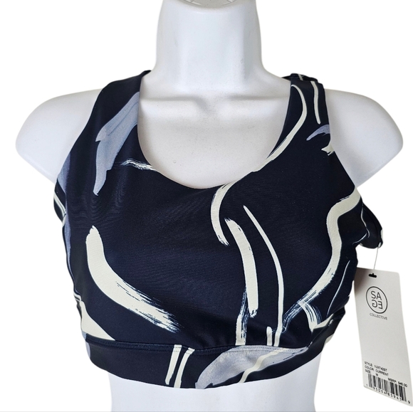 Sage Collective Current Blue Abstract Strappy Back Sports Bra - Picture 1 of 9